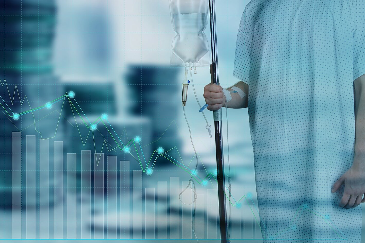 Patient in hospital gown with IV bag and coins in background
