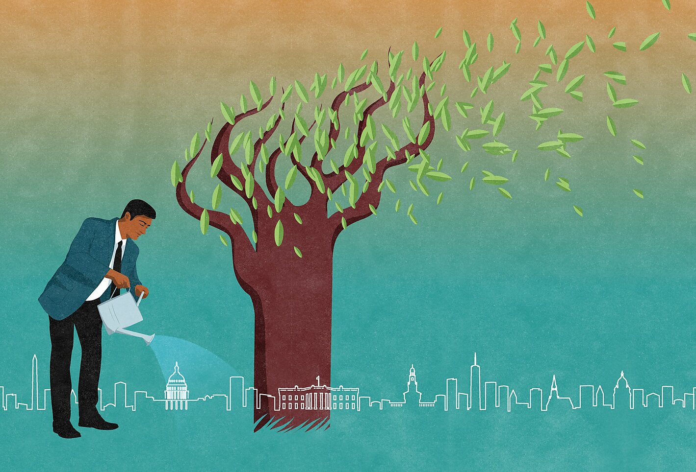 Illustration of a man watering a tree with DC overlaid