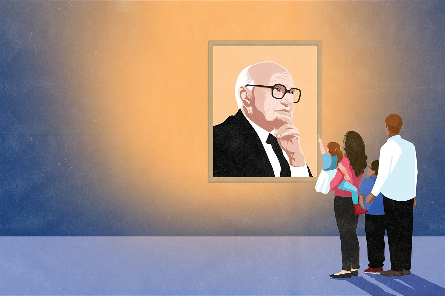 Family viewing a portrait of Milton Friedman