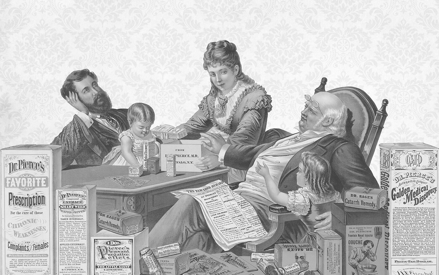 Advertisement for "Dr. Pierce's family medicines," featuring an illustration of a family surrounded by various drugs and medicines from the turn of the century.