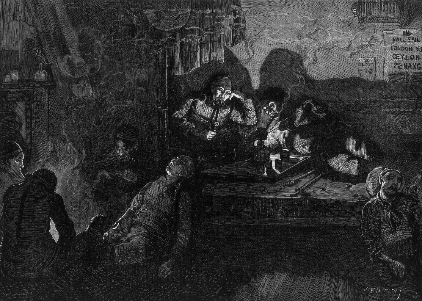 An 1874 illustration of men smoking opium in an opium den in the East End of London.