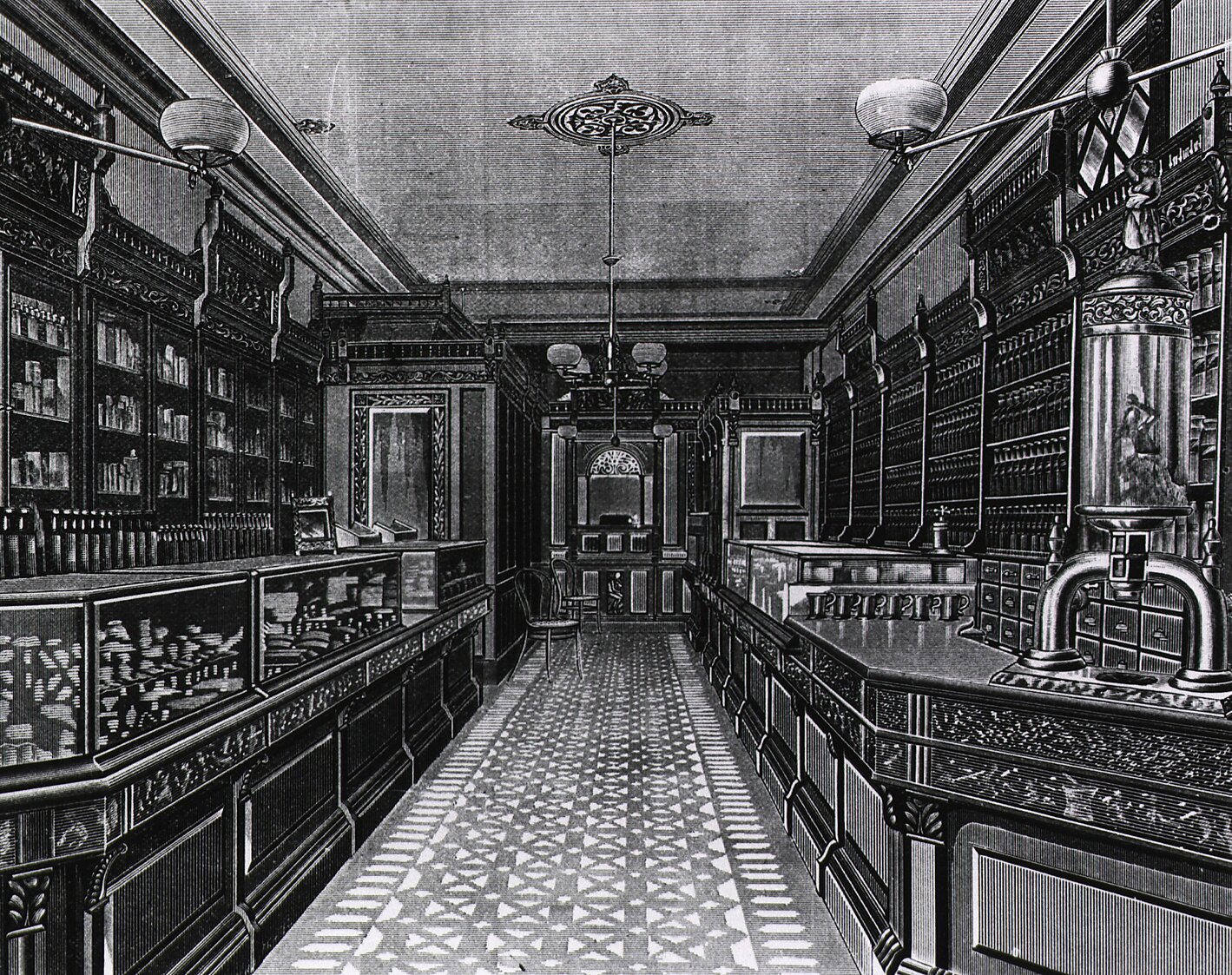 Illustration of a typical drugstore of the 1880's, featuring walls lined with medicine behind counters.