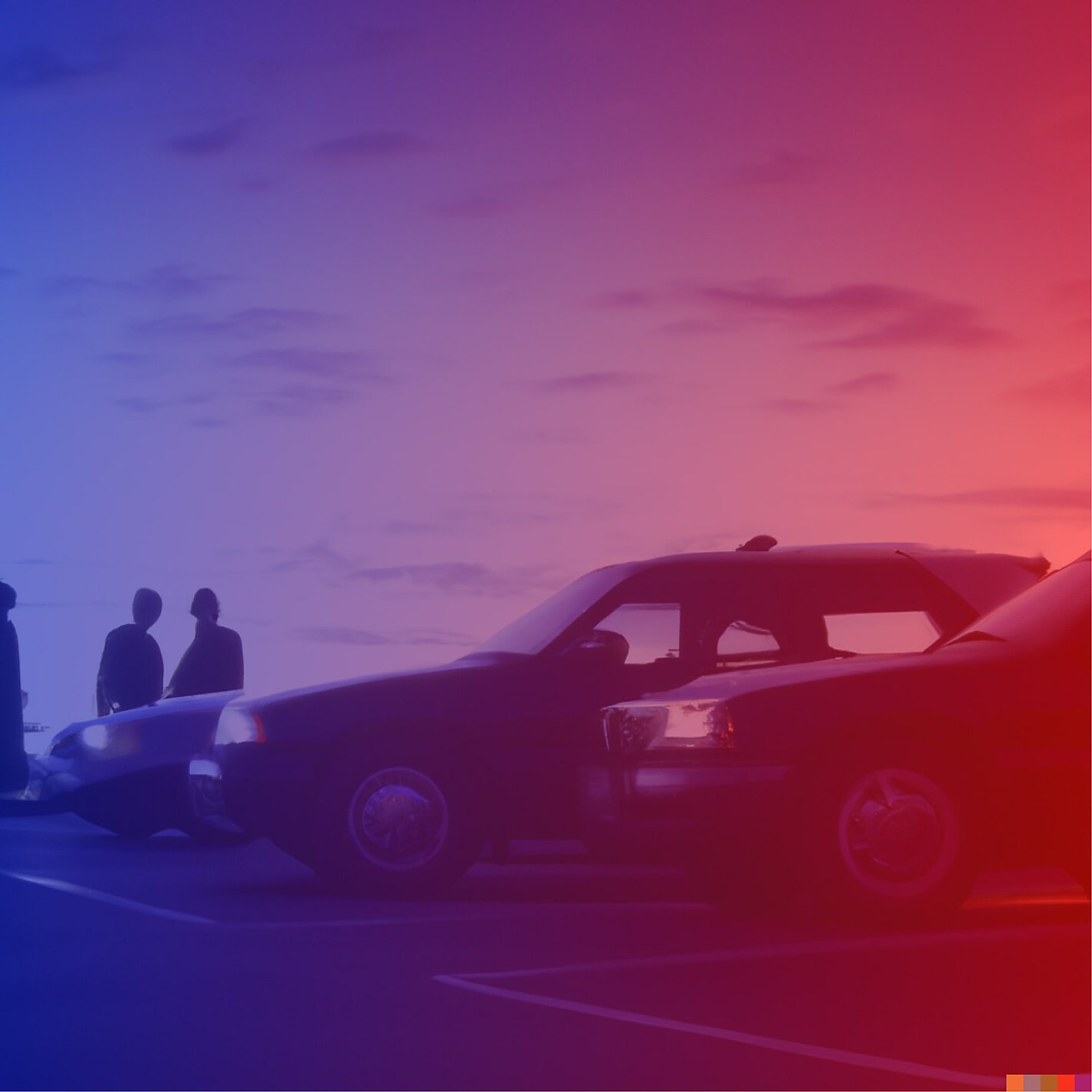 Representation of agents waiting in a parking lot at dawn.