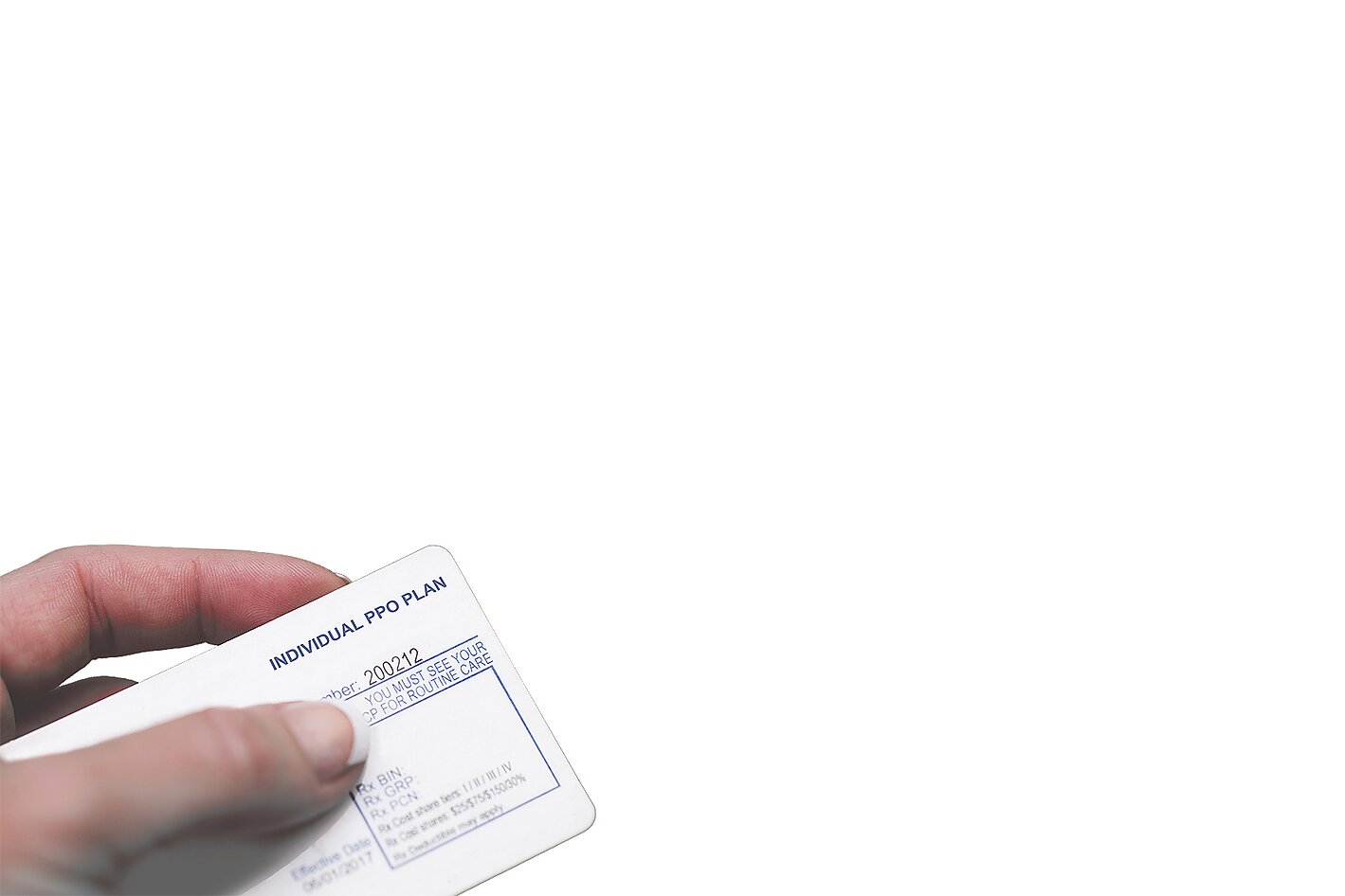 A hand holding a US health insurance card (Individual PPO Plan).