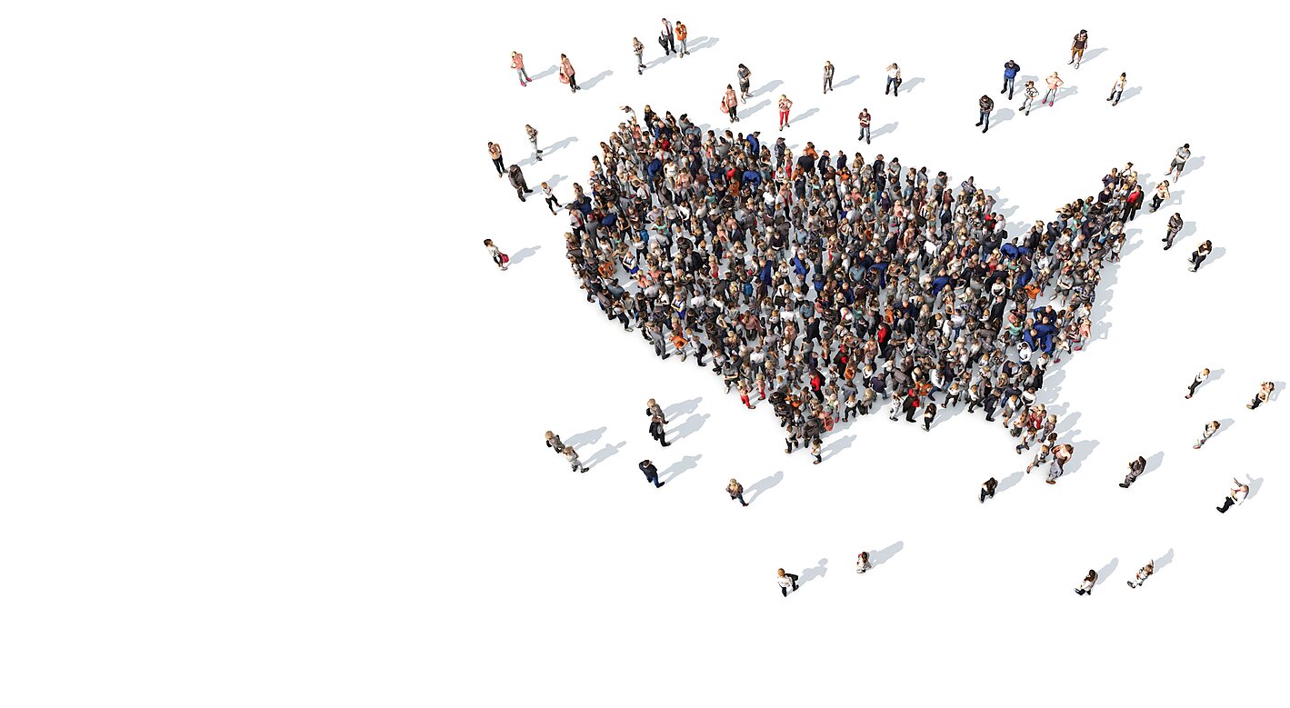 3D people gathered in the shape of the United States
