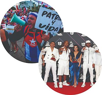 Protesters carry signs reading "Patria y Vida" ("Fatherland and Life"); El Funky pictured at the Latin Grammys