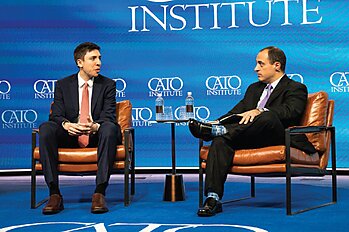 Travis Hill, left, vice chairman at the Federal Deposit Insurance Corporation (FDIC), discusses recent regulatory actions with Norbert Michel, vice president and director of the Cato Institute’s Center for Monetary and Financial Alternatives, six months after the high-profile failures of Silicon Valley Bank and Signature Bank.