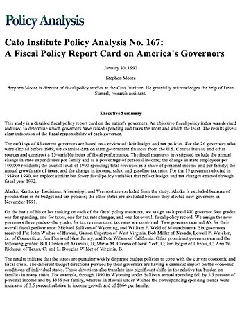 Fiscal Policy Report Card on America's Governors 1992 Cover