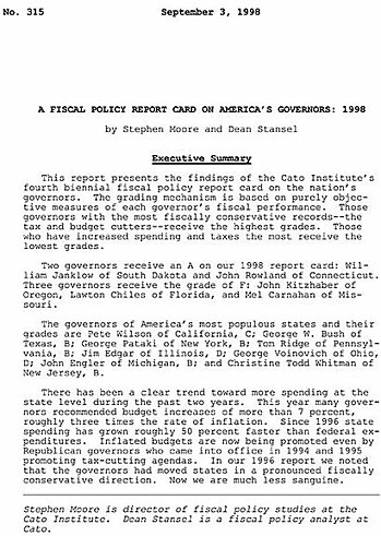 Fiscal Policy Report Card on America's Governors 1998 Cover