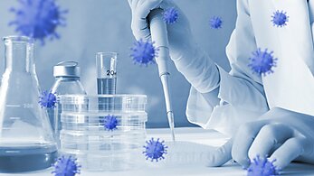 Scientist with a petri dish and beakers, with virus graphics overlayed