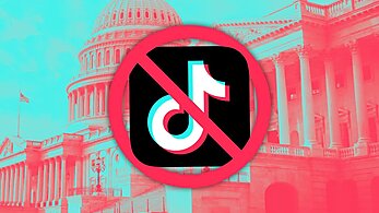 TikTok logo crossed out superimposed over a backdrop of the US Capitol.