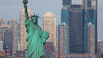 Aerial view of Statue of Liberty and city skyline 