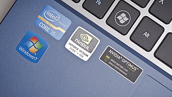 Windows, Intel and nvidia sticker on laptop computer