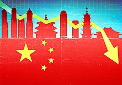 Background of the Chinese flag with a downward graph among the cityscape of some chinese buildings.