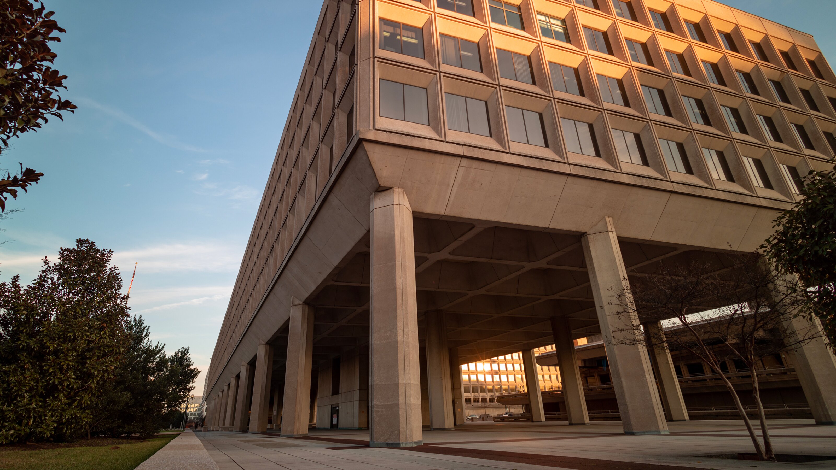 The golden hour at the James V. Forrestal Building Building, the headquarters of the United States Department of Energy, in downtown Washington, DC at sunset.