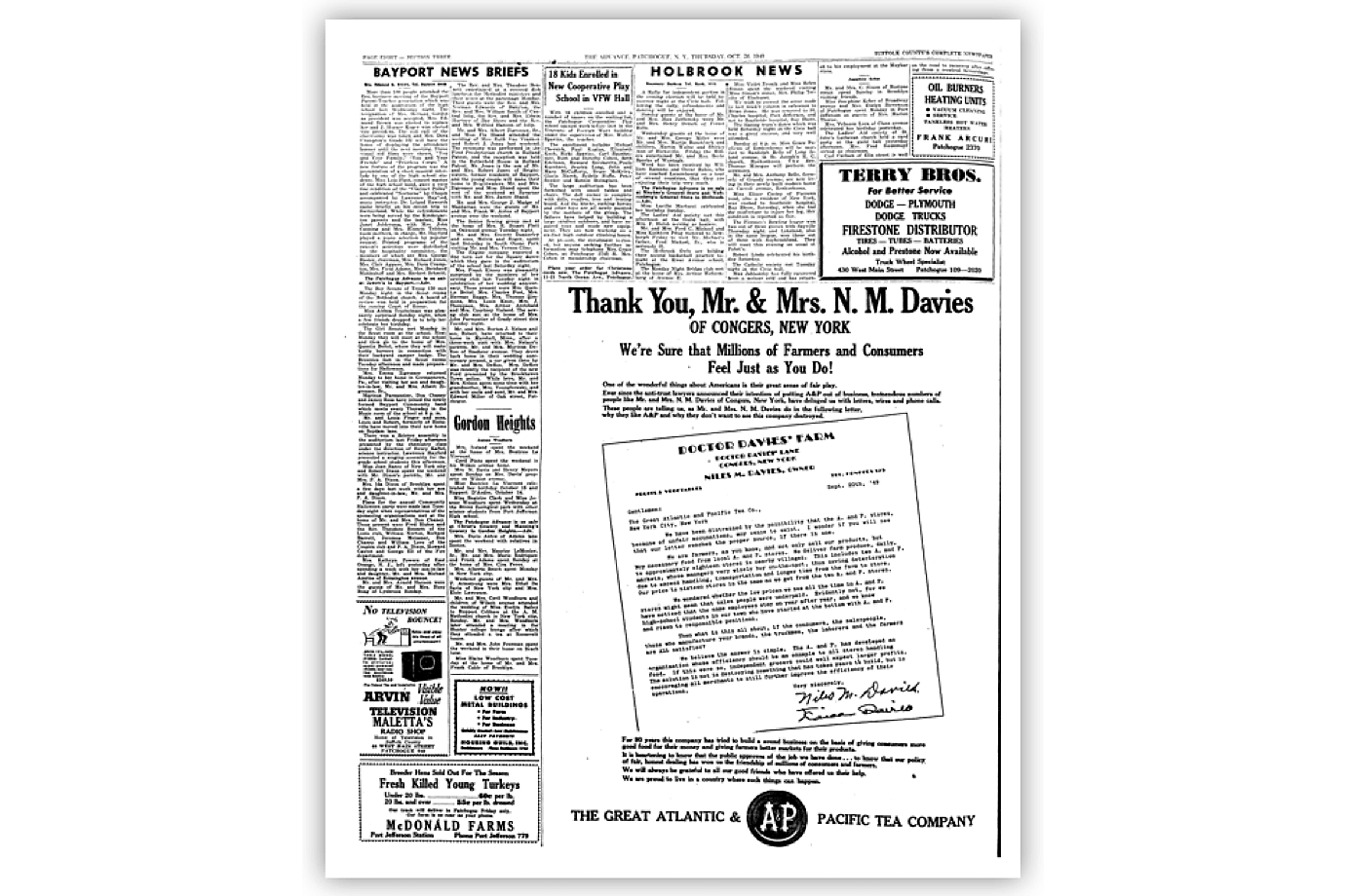 "Thank You, Mr. & Mrs. N.M. Davies" Newspaper Ad