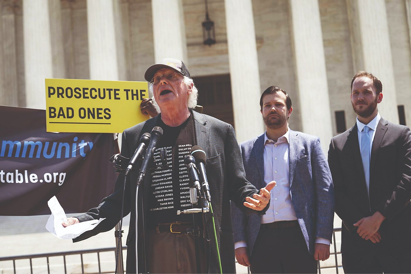 Jay Schweikert, Ben Cohen, and Jerry Greenfield participate in a press conference for the Campaign to End Qualified Immunity