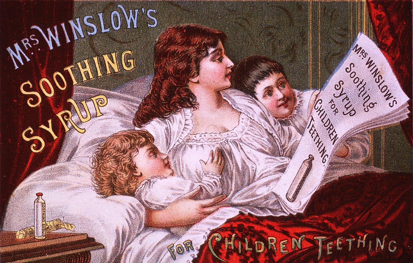 Advertisement for a product for teething children that contained morphine. Card features a mother in bed with her children. She is reading a newspaper advertisement for Mrs. Winslow's Soothing Syrup.