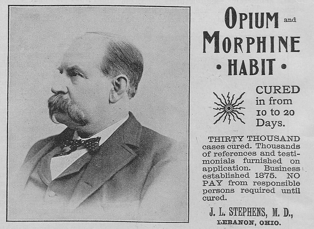 A newspaper clipping from 1892 advertising a cure for opium and morphine addiction in 10-20 days.