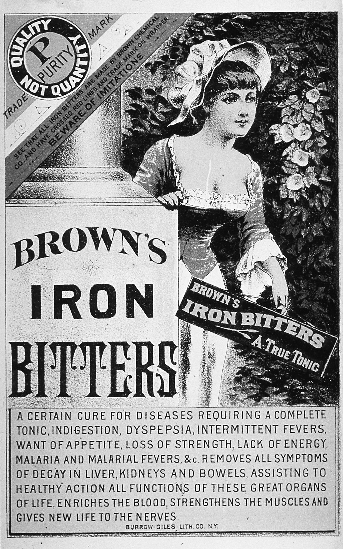 Advertisement for Brown's Iron Bitters, which contained cocaine, featuring a young woman emerging from behind a pillar on which is written "Brown's Iron Bitters."