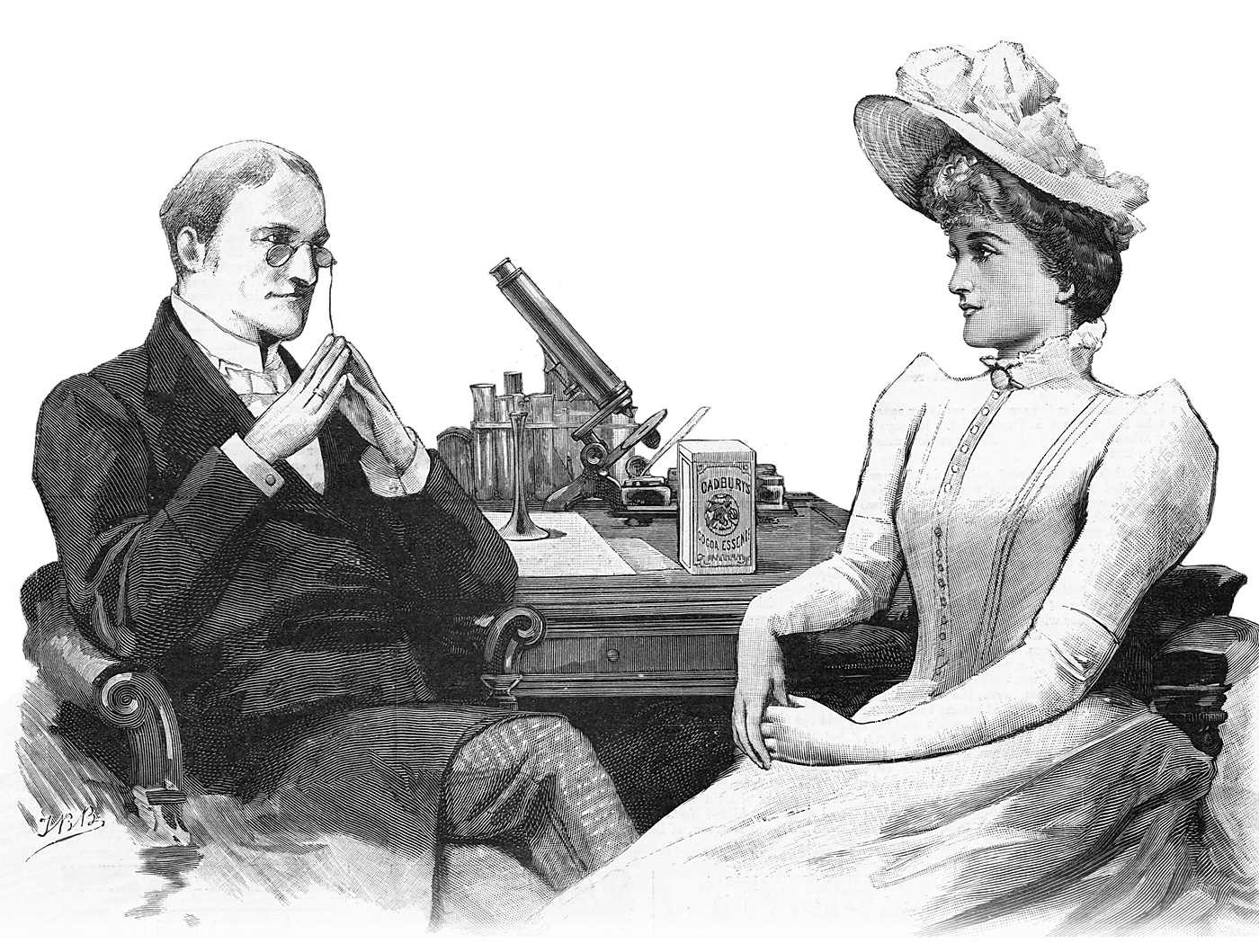 Illustration from 1880 of a doctor speaking to a well-dressed female patient.