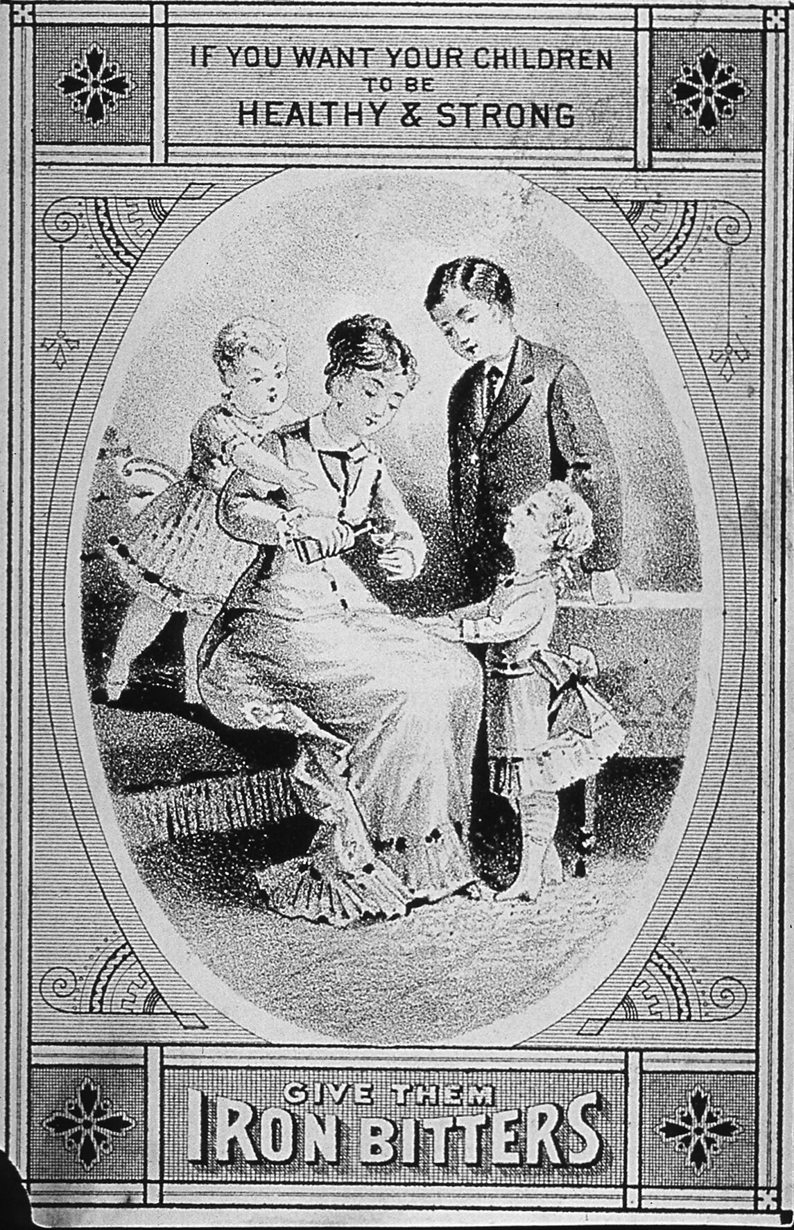 Advertisement for Brown's Iron Bitters (which contained cocaine) featuring a woman pouring a dose of Iron Bitters surrounded by three children.