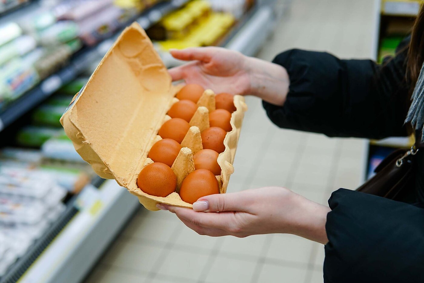 Woman holding a dozen eggs, package open to inspect the eggs.