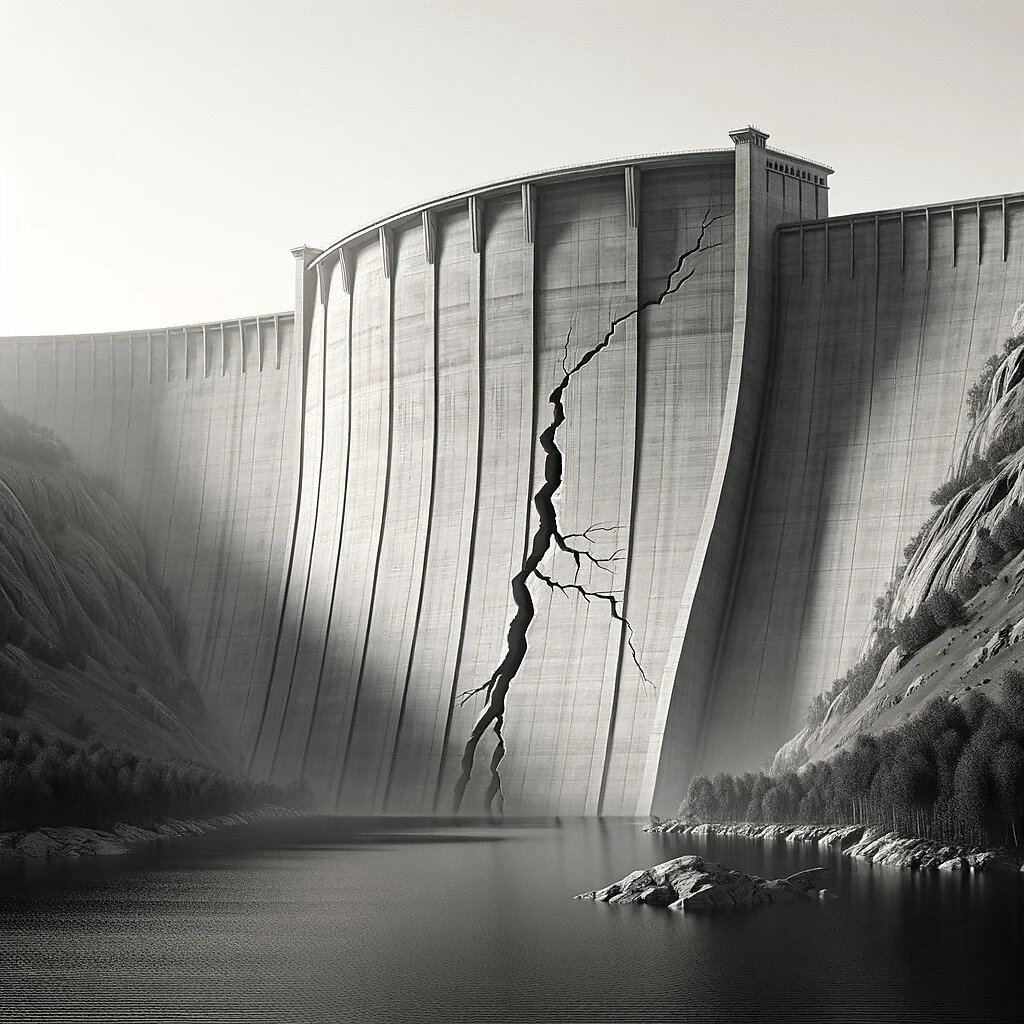 A grayscale picture of a cracking dam.