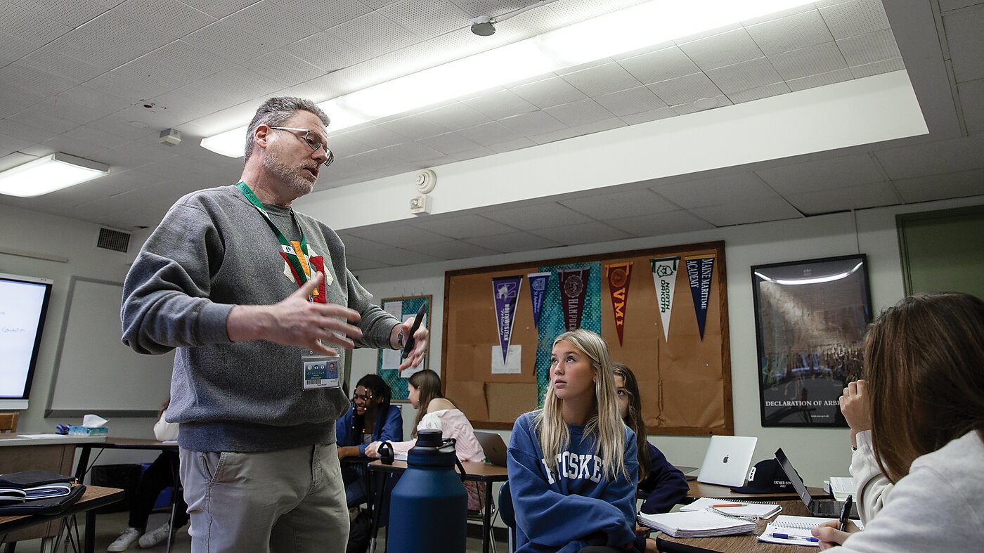 Free Society - Veteran teacher Frank Wiswall leads a thoughtful discussion with students at Cranbrook Schools in Bloomfield Hills, Michigan, applying the civil discourse techniques promoted by the Cato Institute’s Sphere Education Initiatives.