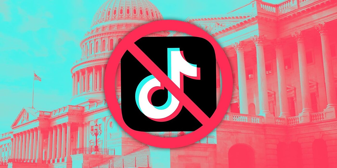 TikTok logo crossed out superimposed over a backdrop of the US Capitol.