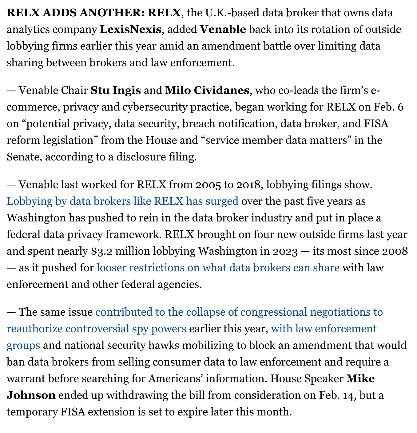 POLITICO on RELX hire of Venable for FISA fight April 4 2024