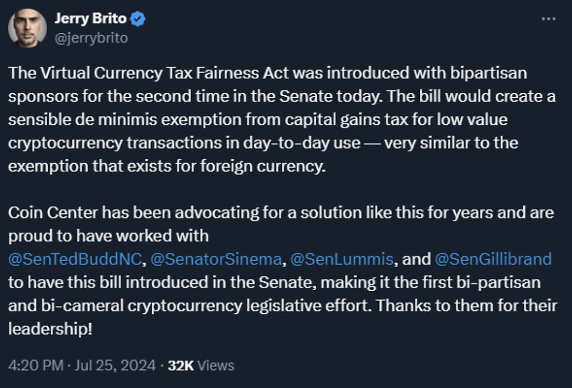 Jerry Brito tweet on Virtual Currency Tax Fairness Act