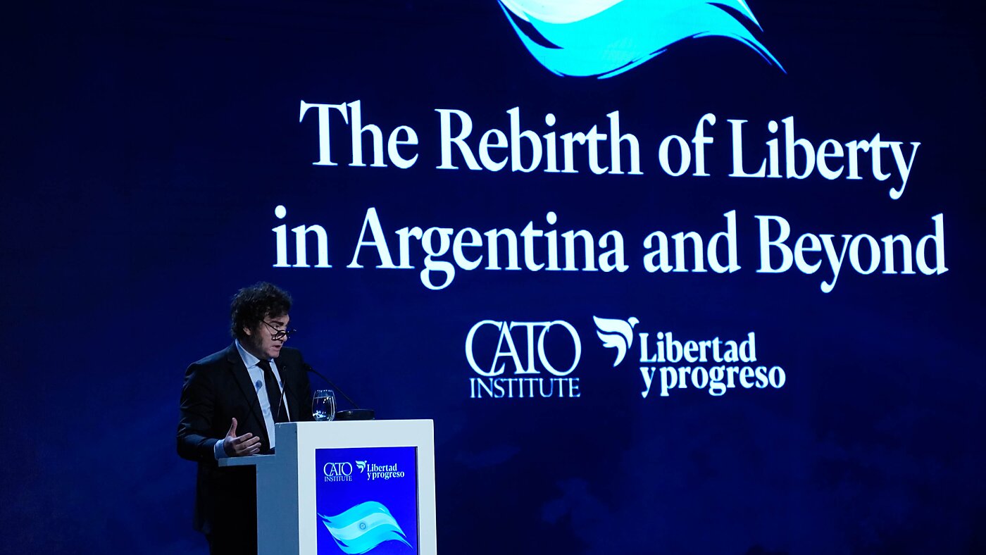 Javier Milei speaking at Cato event in Argentina