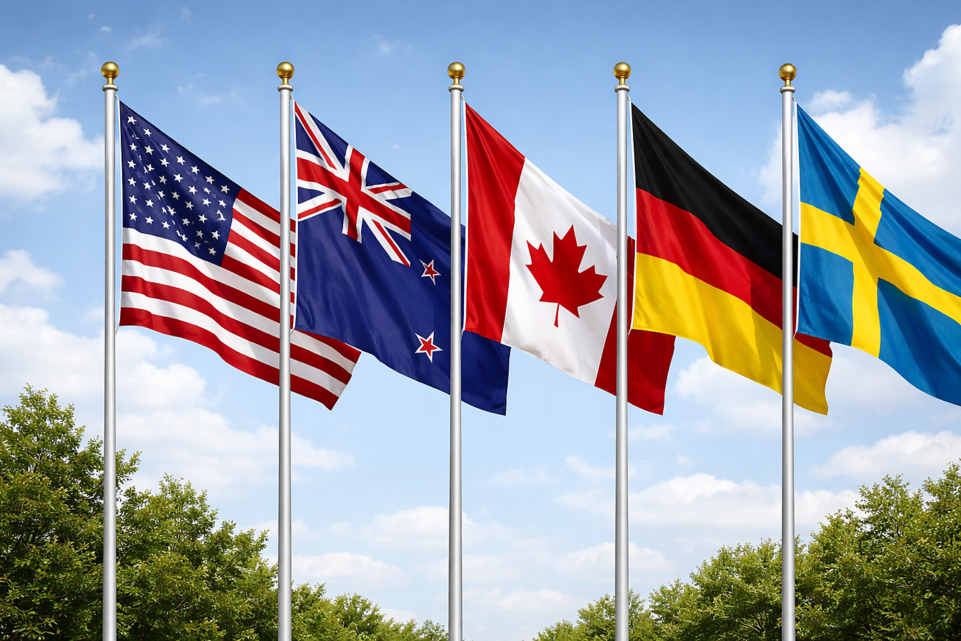The flags of the United States, Canada, Germany, New Zealand, and Sweden