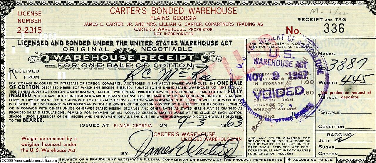 Cotton warehouse receipt