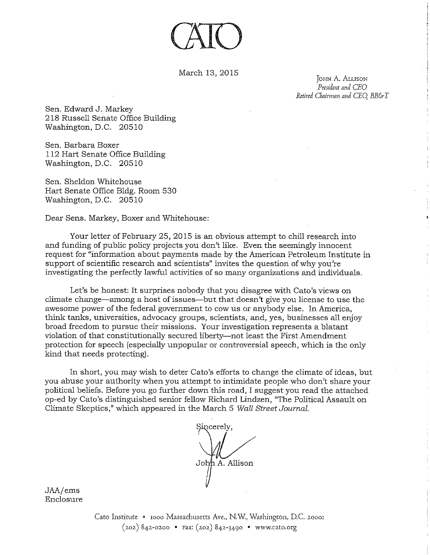 Letter from Cato CEO John Allison